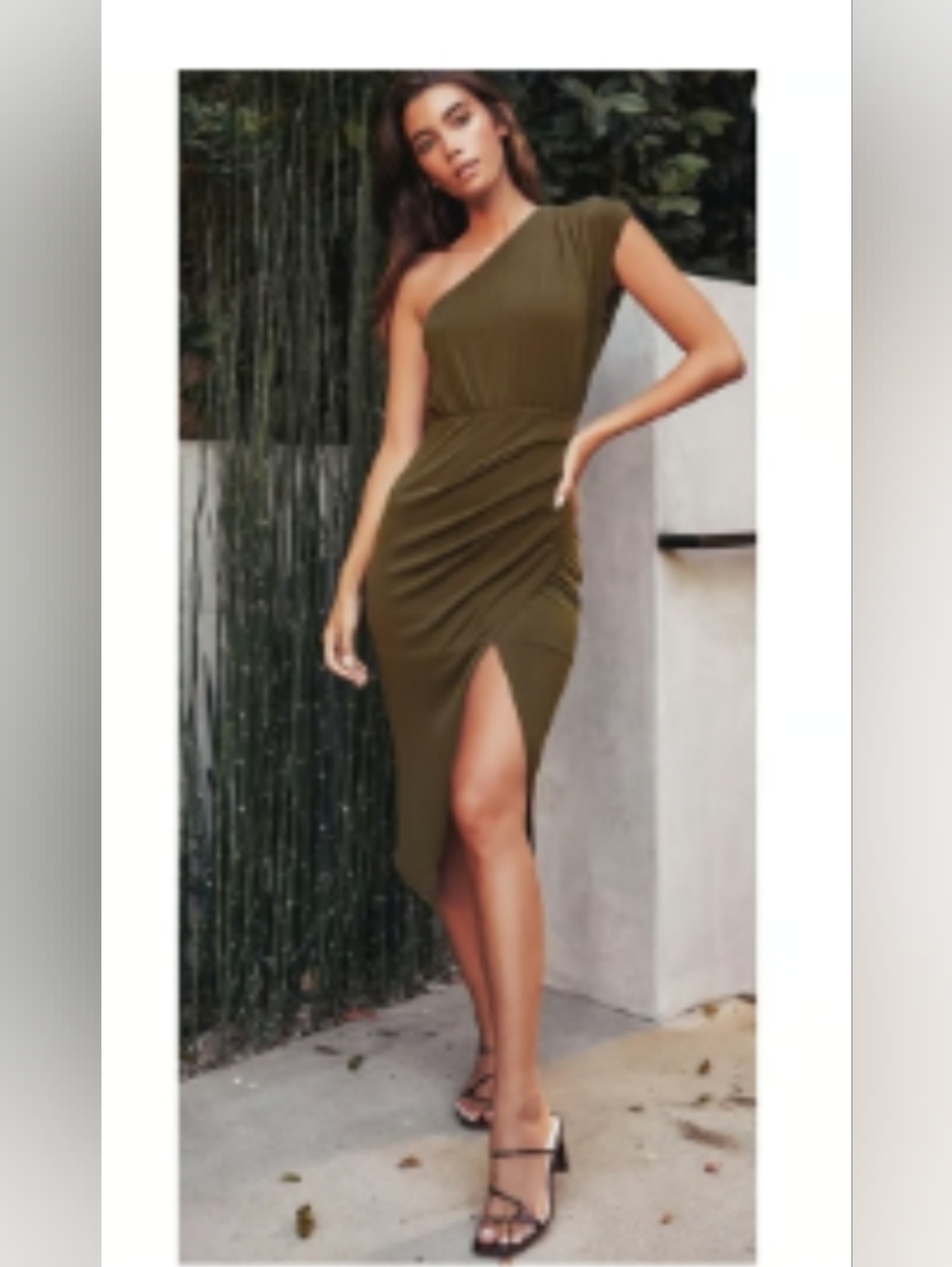Lulu's Olive One-Shoulder Ruched Midi Dress with Thigh Slit